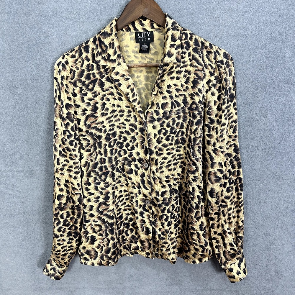 City‎ Silk Button Up Top Womens Medium Brown Animal Print Long Sleeve Boho Chic
